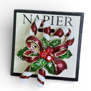 Napier Candy Cane Brooch Pin with Bow Enamel Rhinestones New on Card